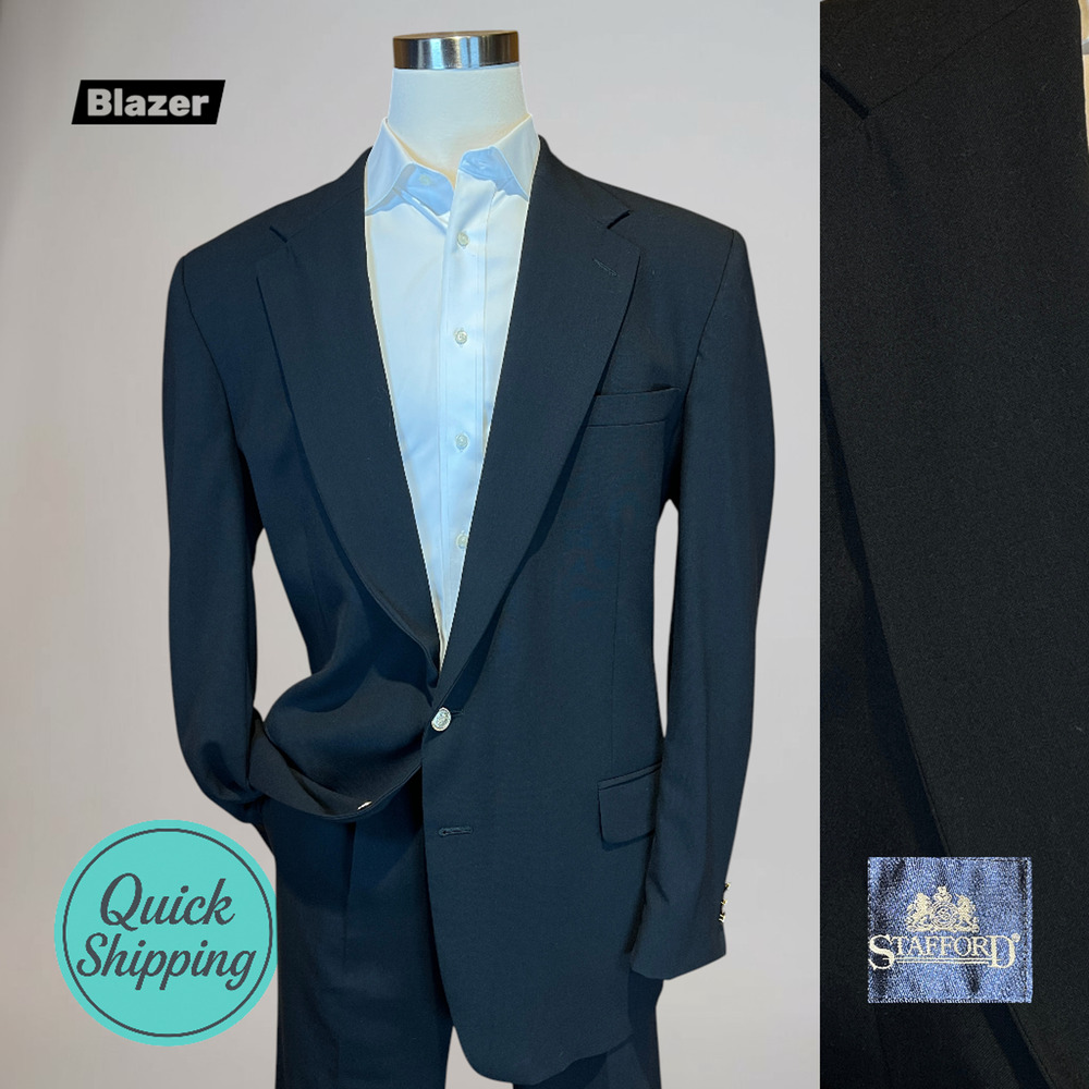Stafford 46XL Solid Black Gold Tone Buttons Blazer Sport Coat Worsted Wool